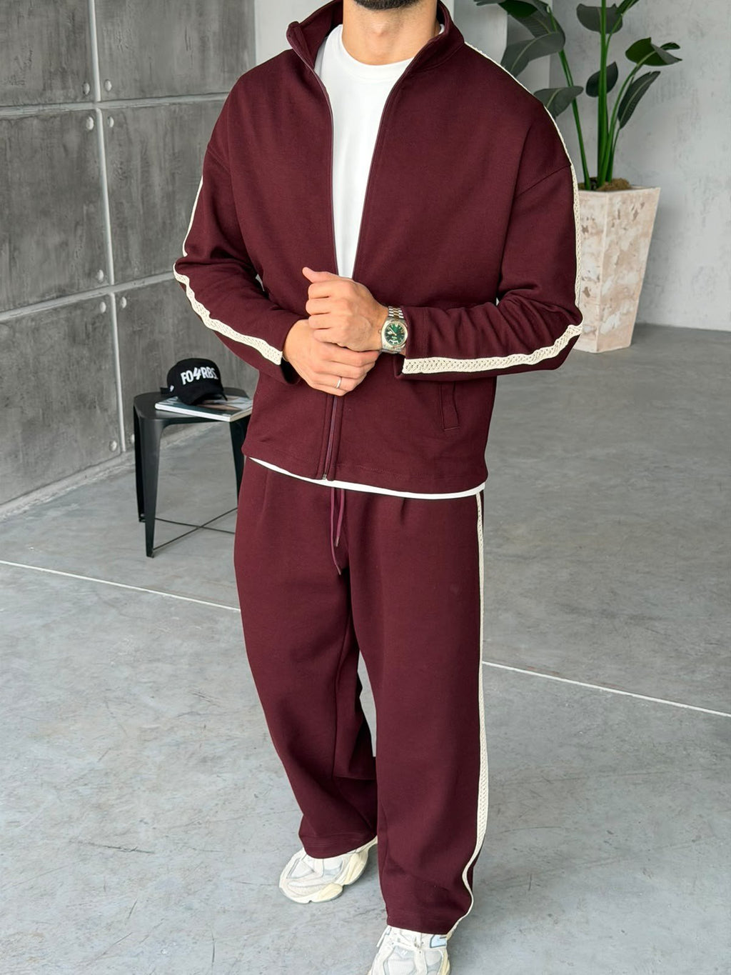 Striped Zip-Up Tracksuit – Bordo