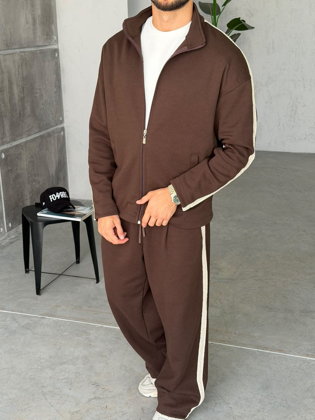 Striped Zip-Up Tracksuit – Brown