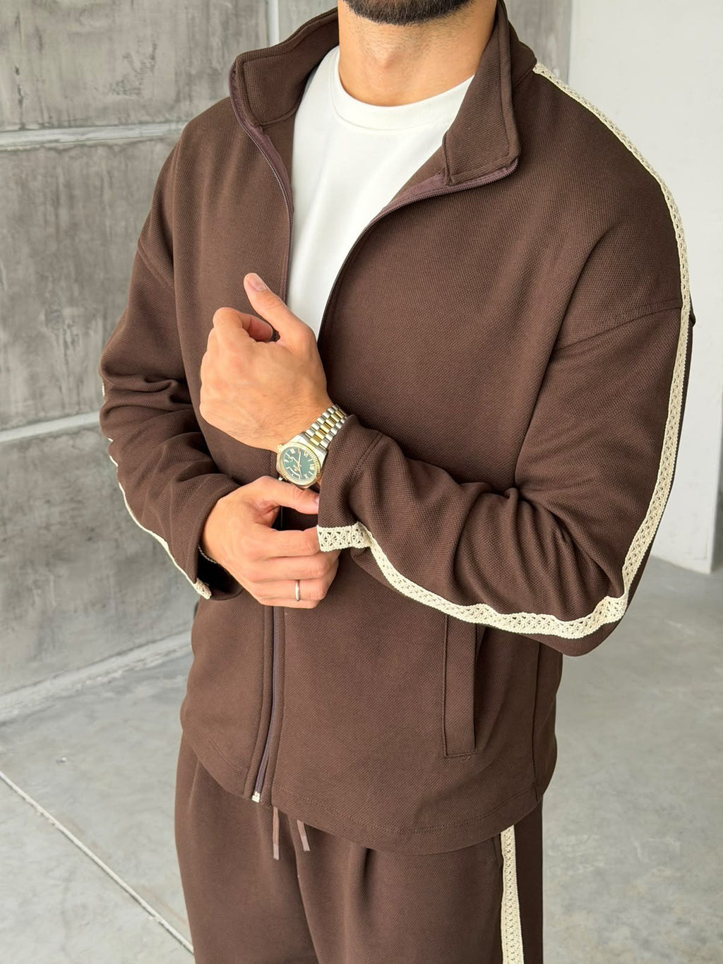 Striped Zip-Up Tracksuit – Brown
