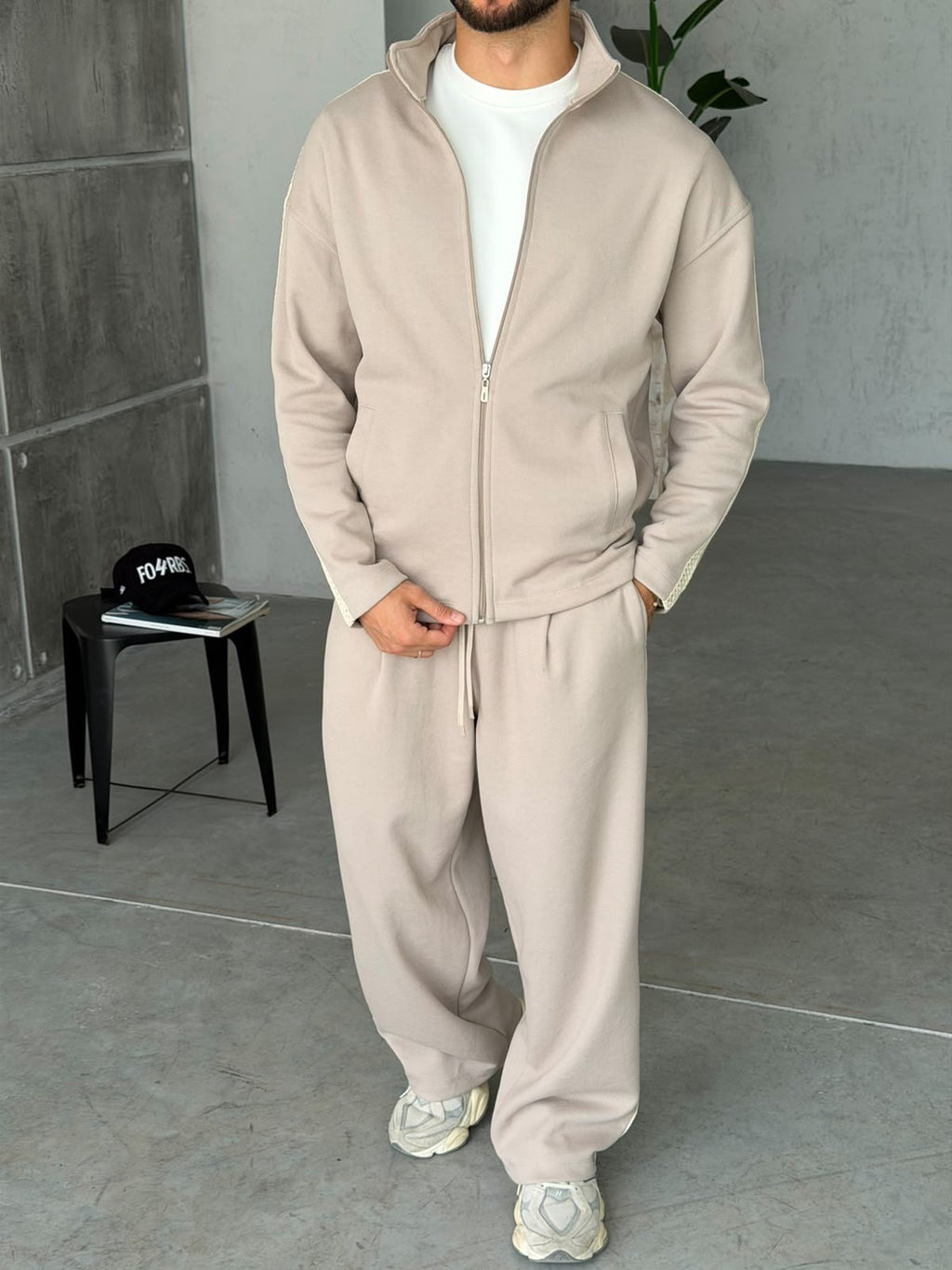 Striped Zip-Up Tracksuit – Cream