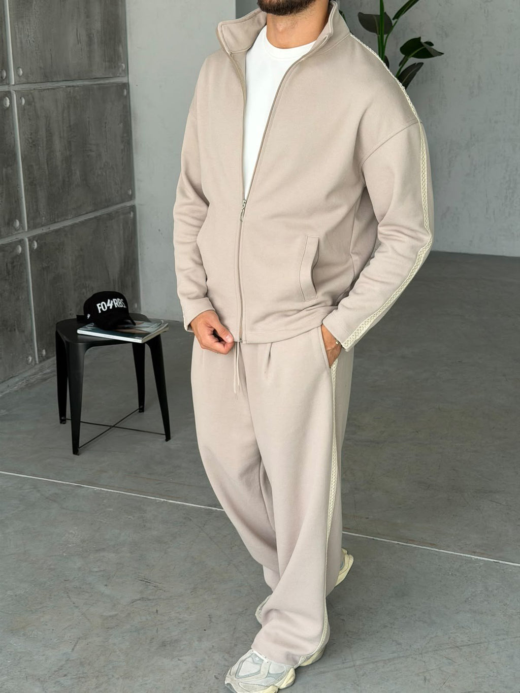 Striped Zip-Up Tracksuit – Cream