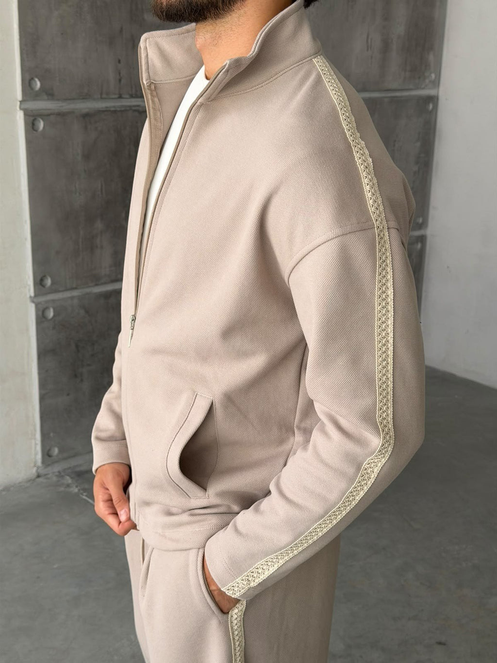 Striped Zip-Up Tracksuit – Cream