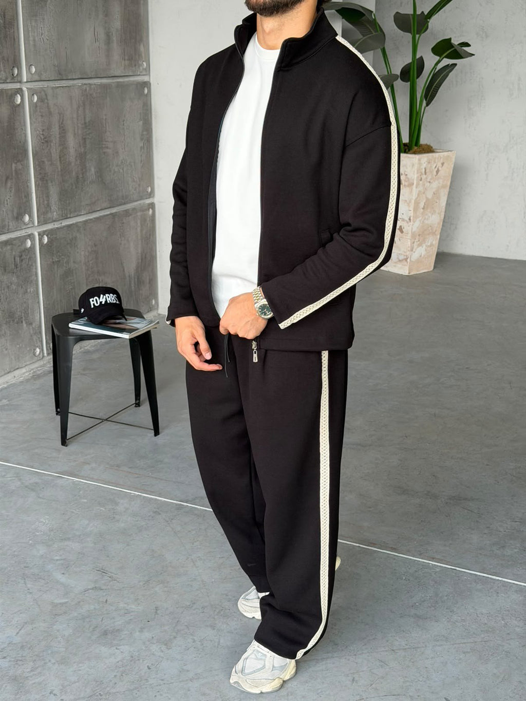 Striped Zip-Up Tracksuit – Black