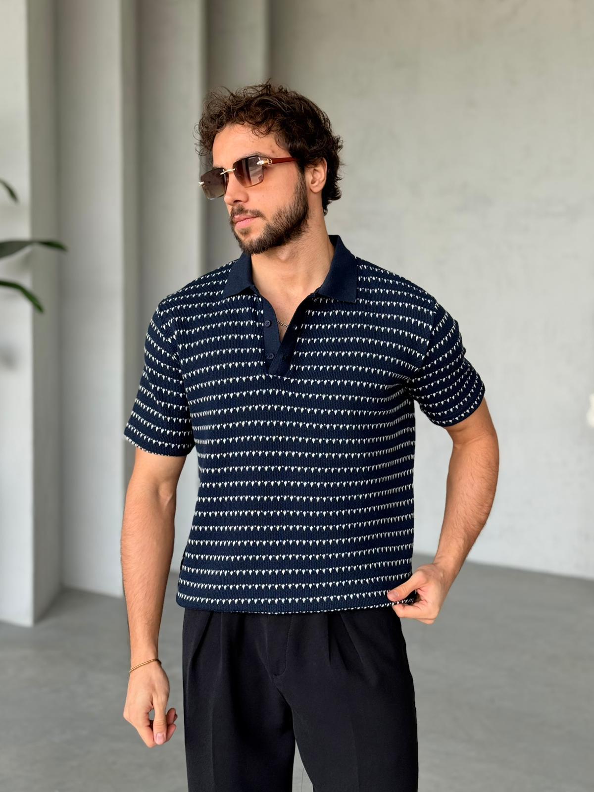 Striped Knit Polo – Navy | TST.012