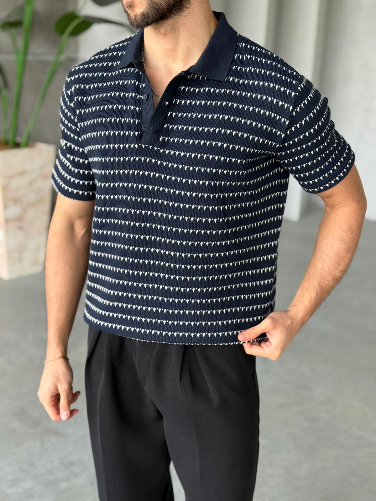 Striped Knit Polo – Navy | TST.012