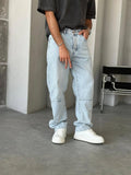 Washed Blue Modern Design Baggy Pants with Zipper Hem Detail