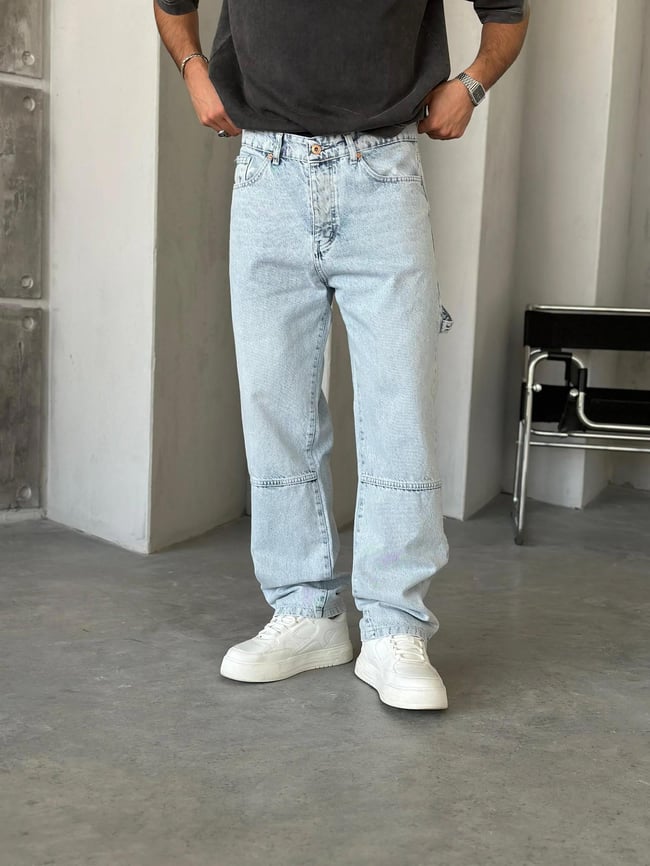 Washed Blue Modern Design Baggy Pants with Zipper Hem Detail
