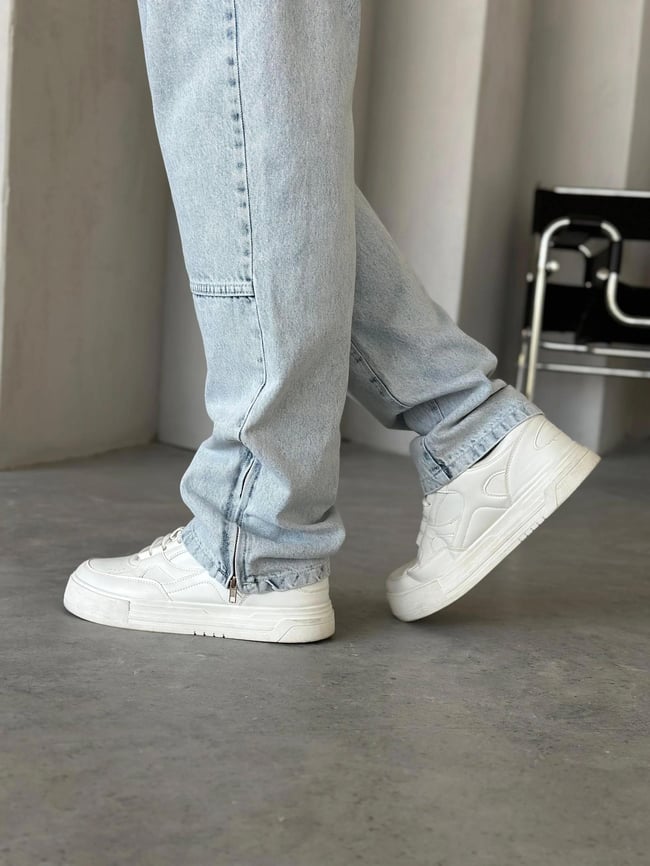 Washed Blue Modern Design Baggy Pants with Zipper Hem Detail