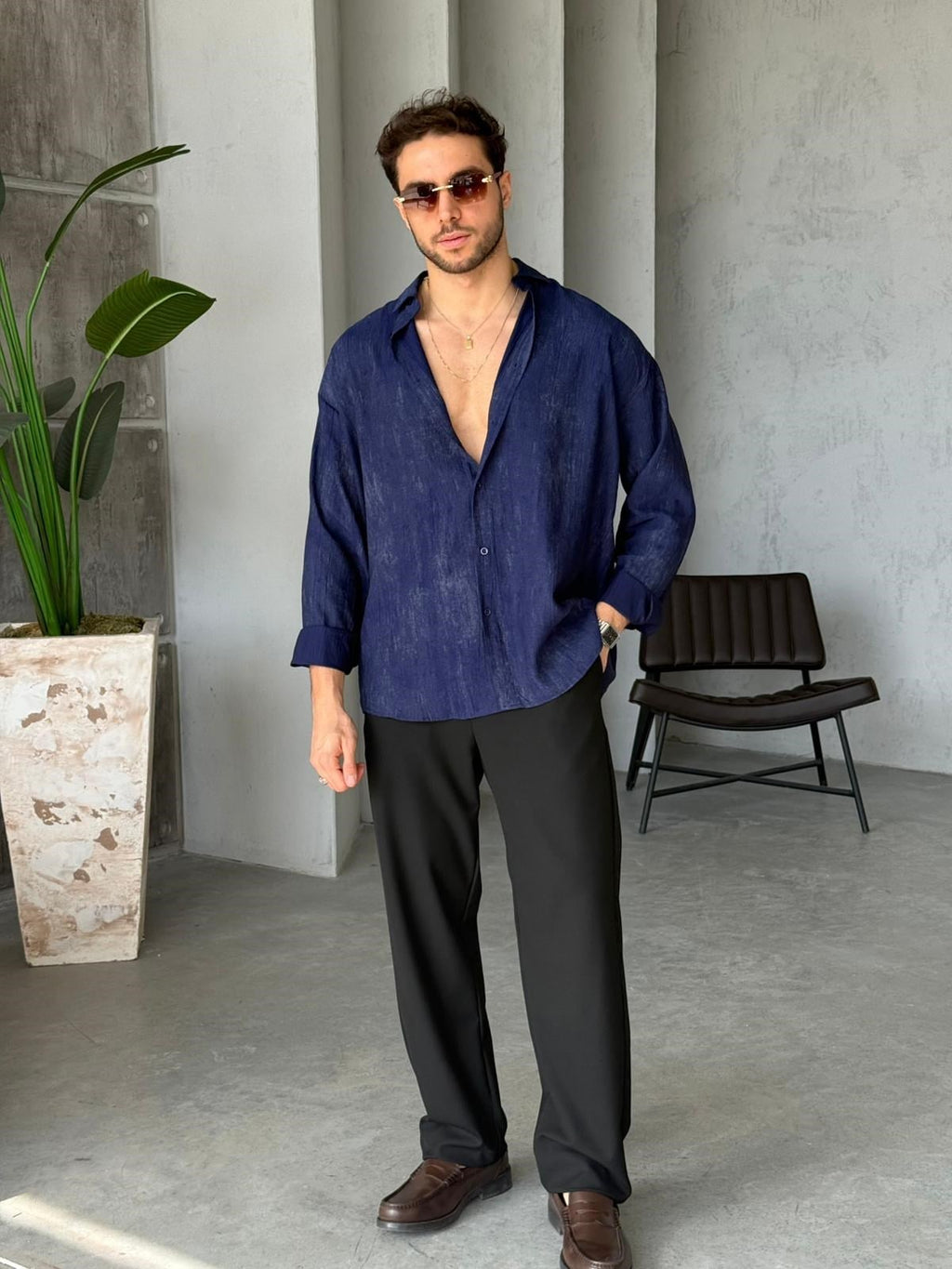 Patterned Modal  Shirt – Navy Blue | GML.017