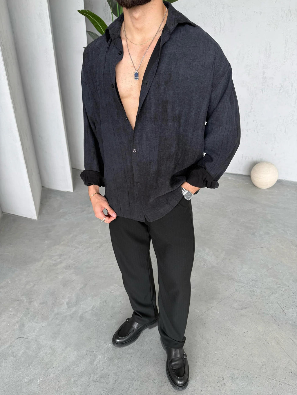 Patterned Modal  Shirt – Black | GML.017
