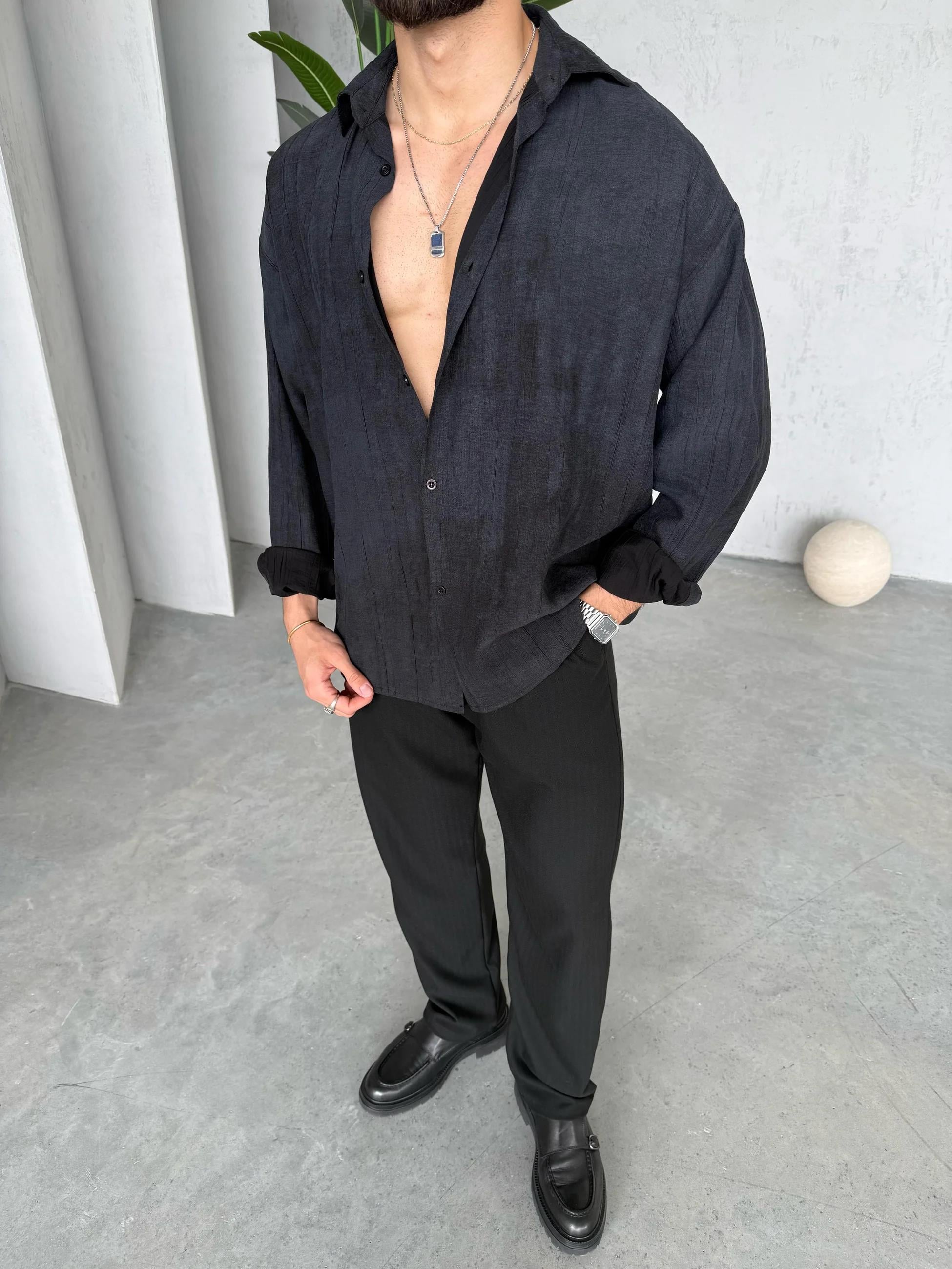 Patterned Modal  Shirt – Black | GML.017