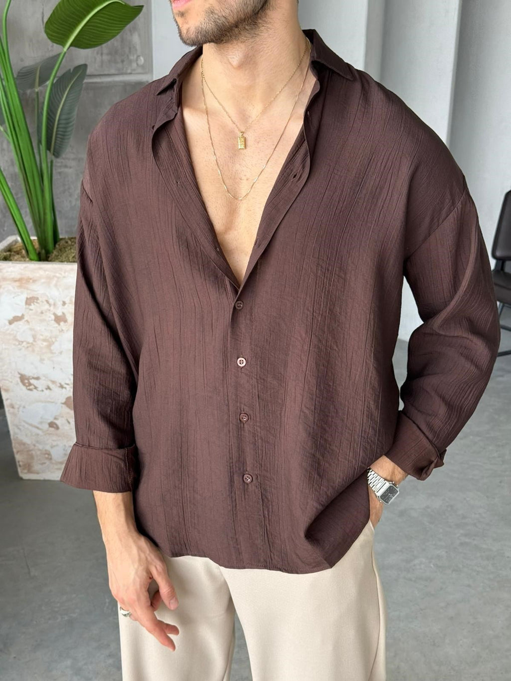 Patterned Modal  Shirt – Brown | GML.017