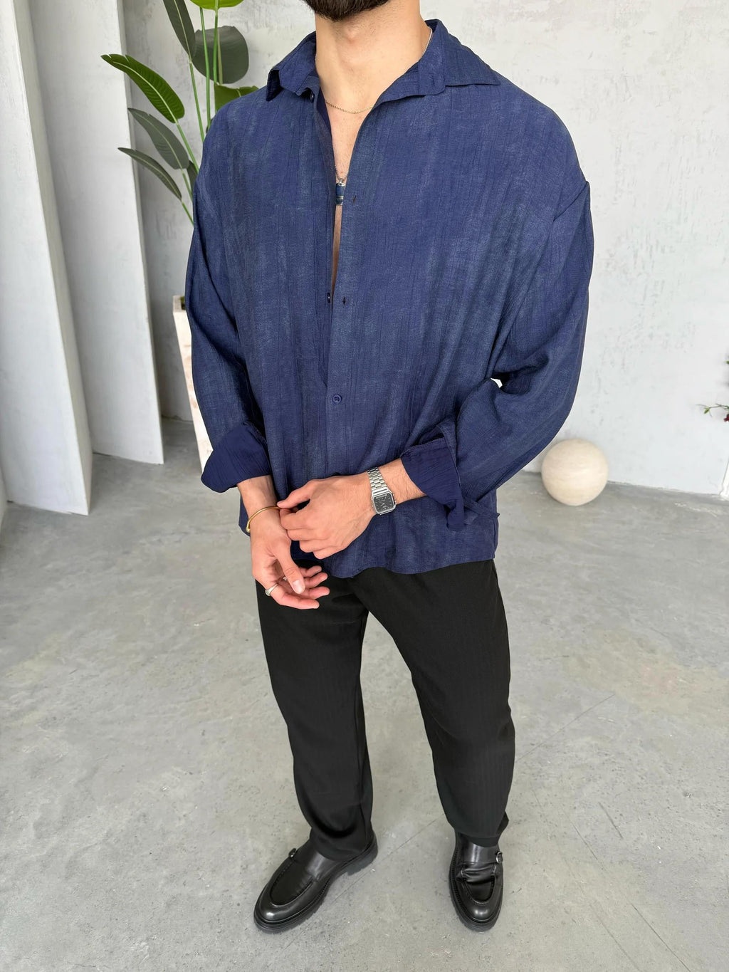 Patterned Modal  Shirt – Navy Blue | GML.017