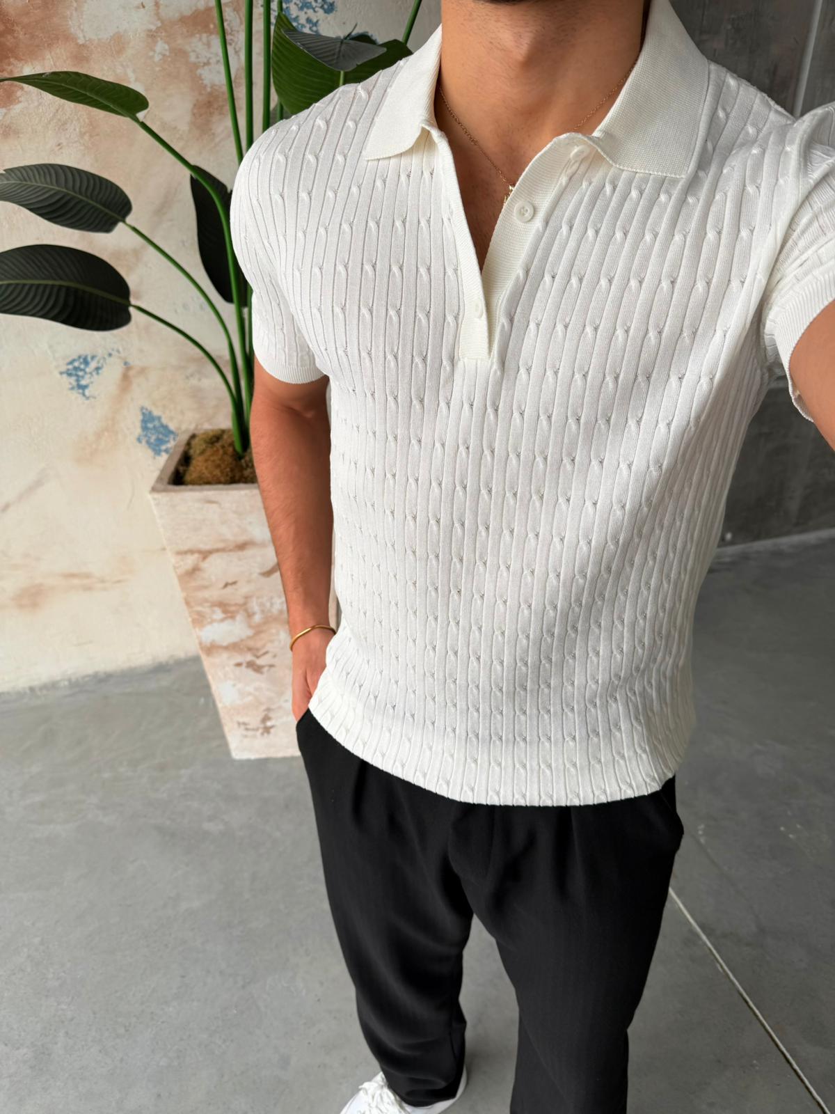 Patterned Polo Knit V – White | TST.017