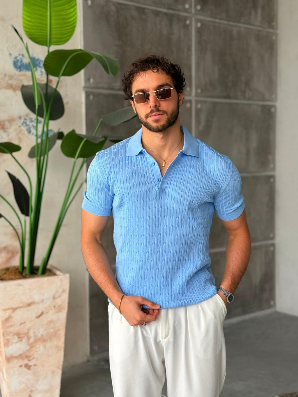 Patterned Polo Knit V – Navy Blue | TST.017