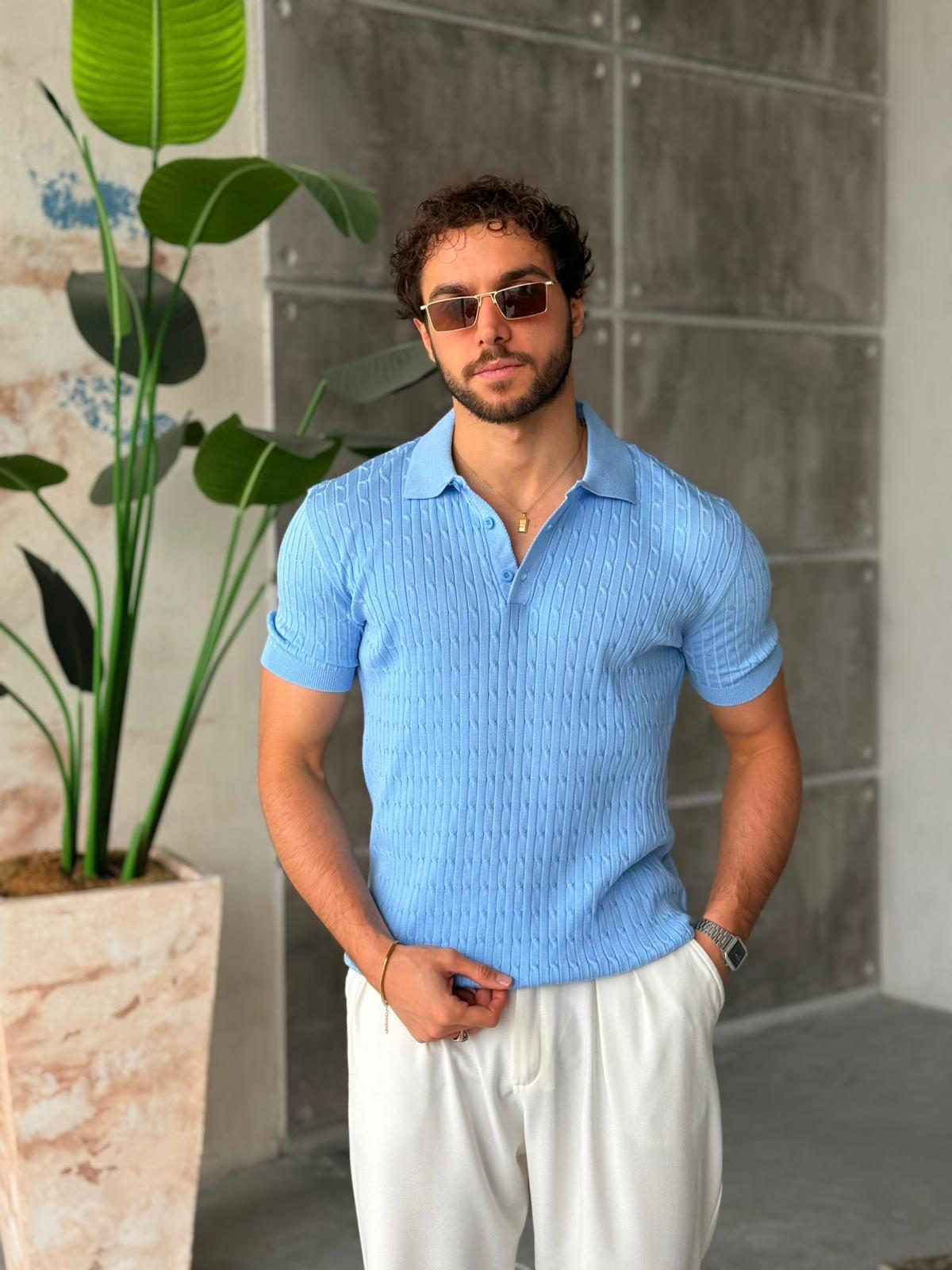 Patterned Polo Knit V – Navy Blue | TST.017