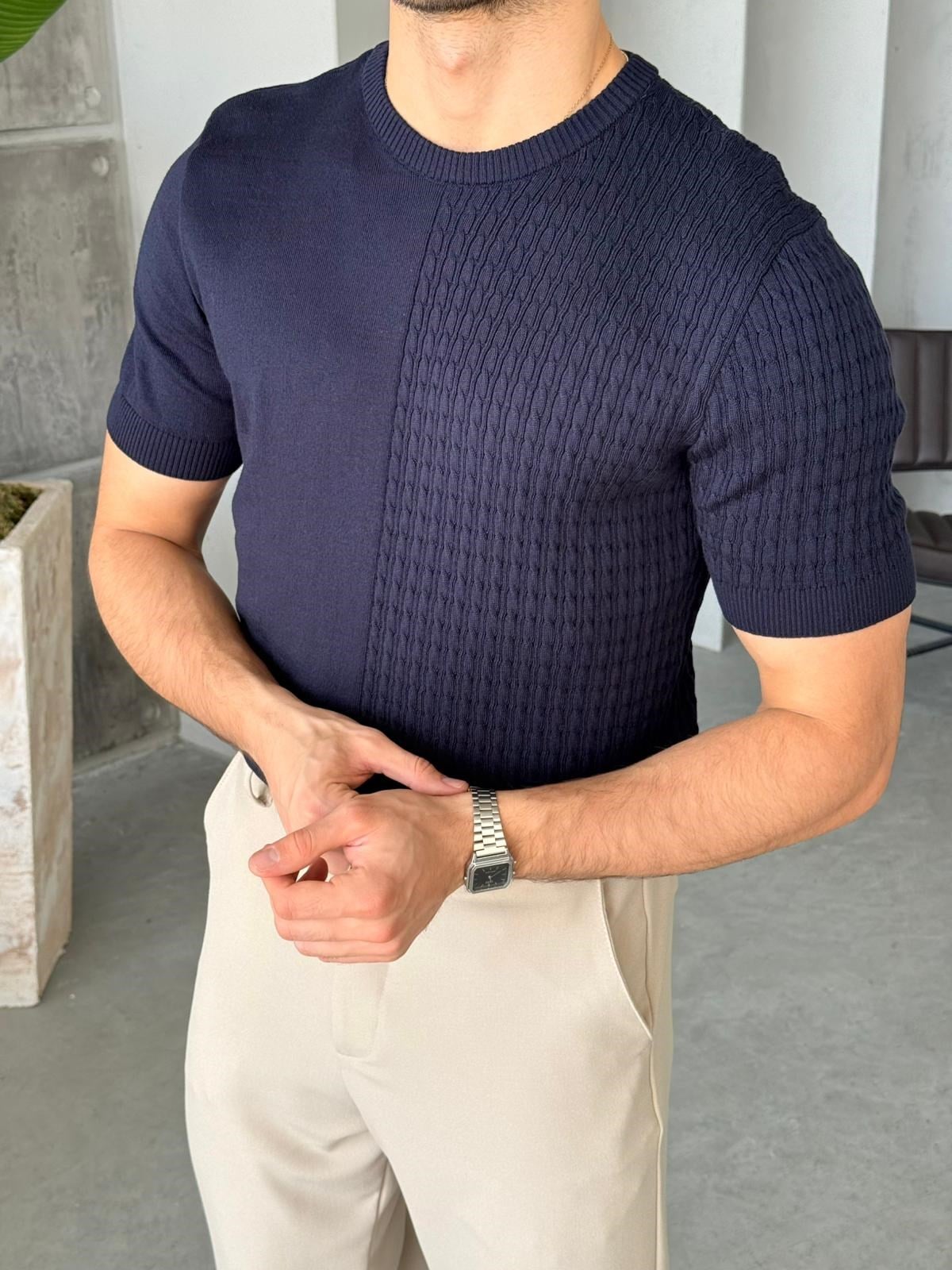 Contrast Knit T – Navy Blue |TST.020