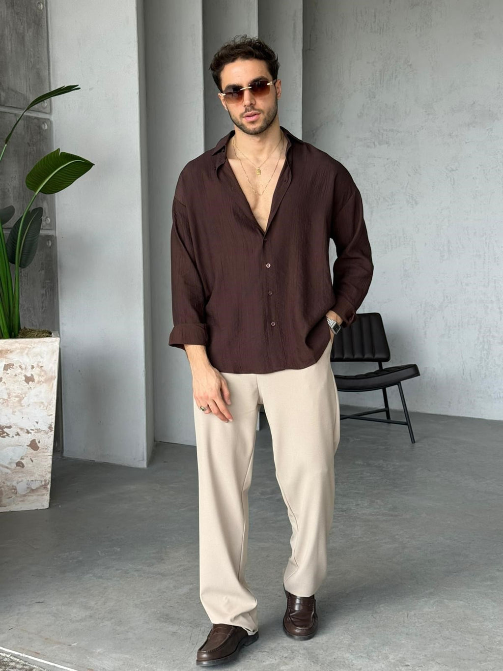 Patterned Modal  Shirt – Brown | GML.017