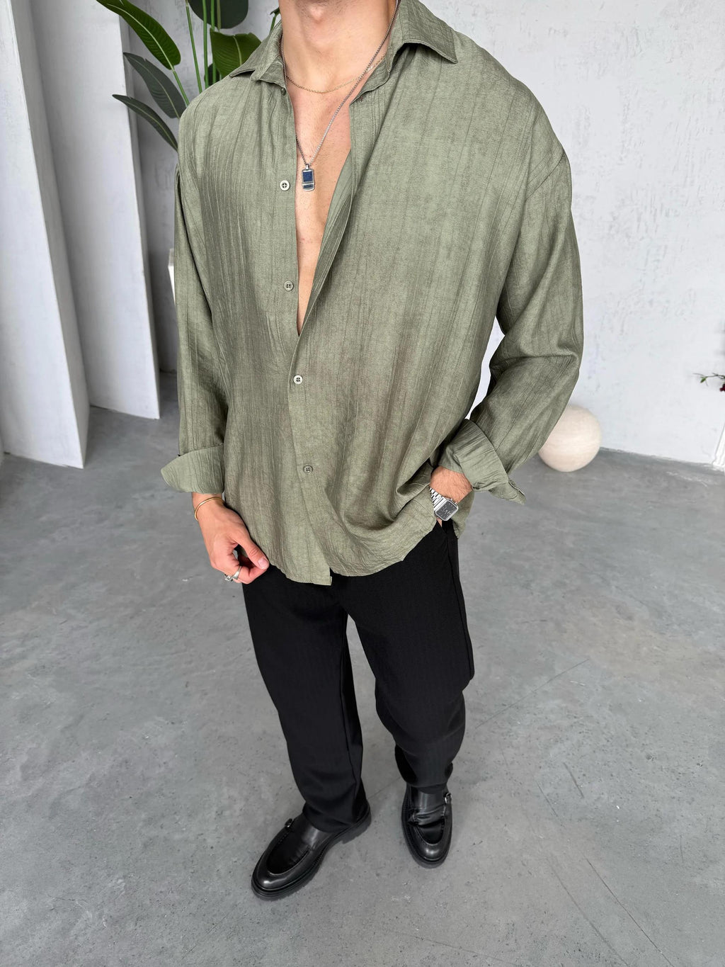 Patterned Modal  Shirt – Khaki | GML.017