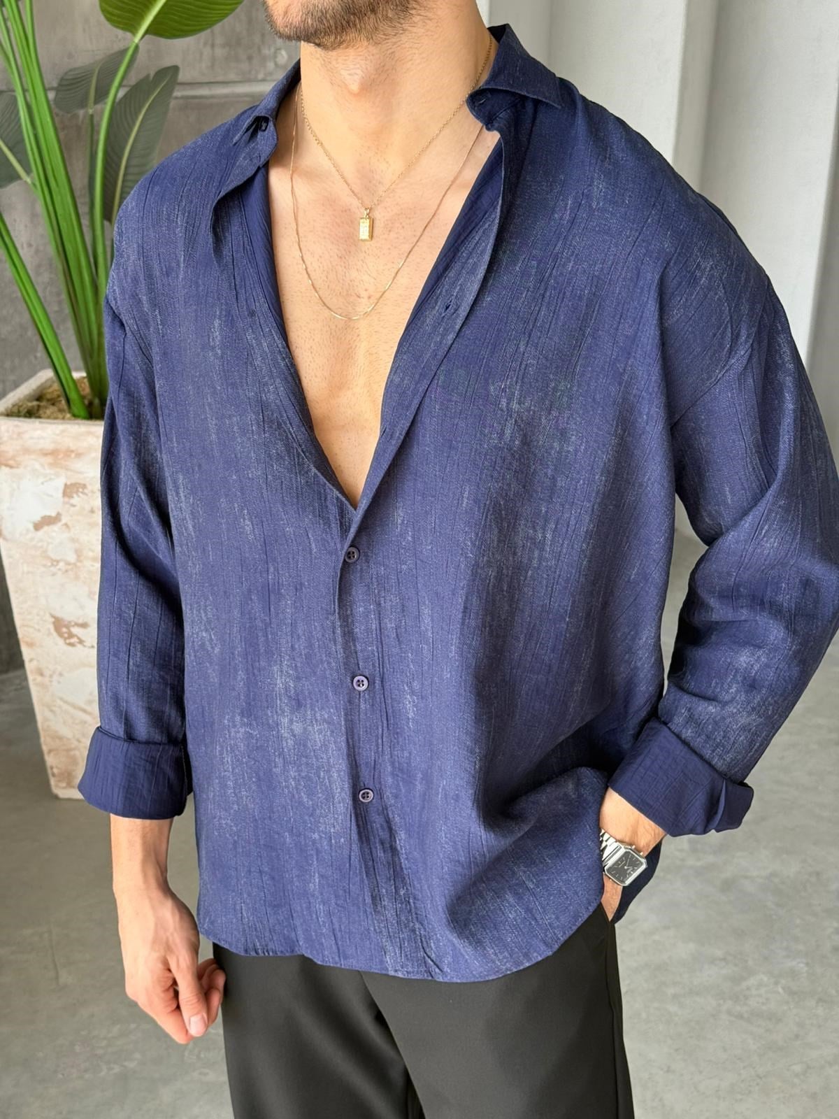 Patterned Modal  Shirt – Navy Blue | GML.017
