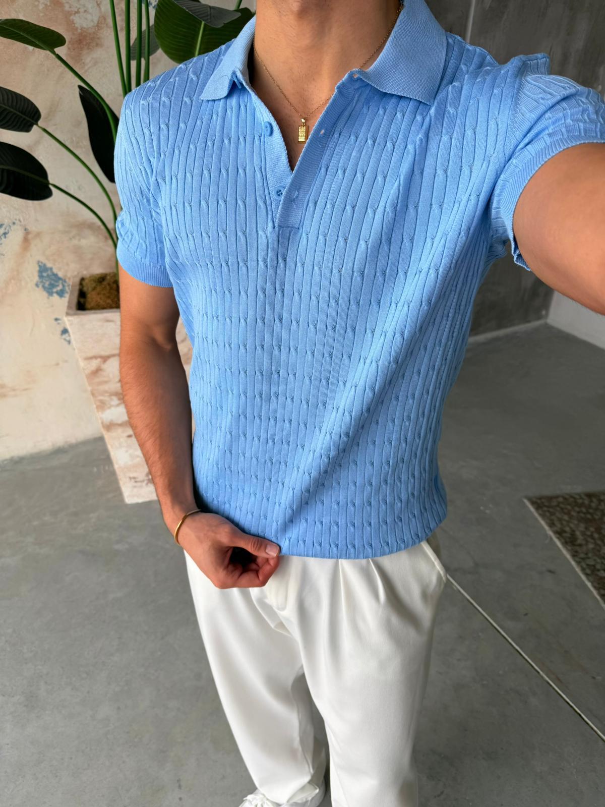 Patterned Polo Knit V – Navy Blue | TST.017