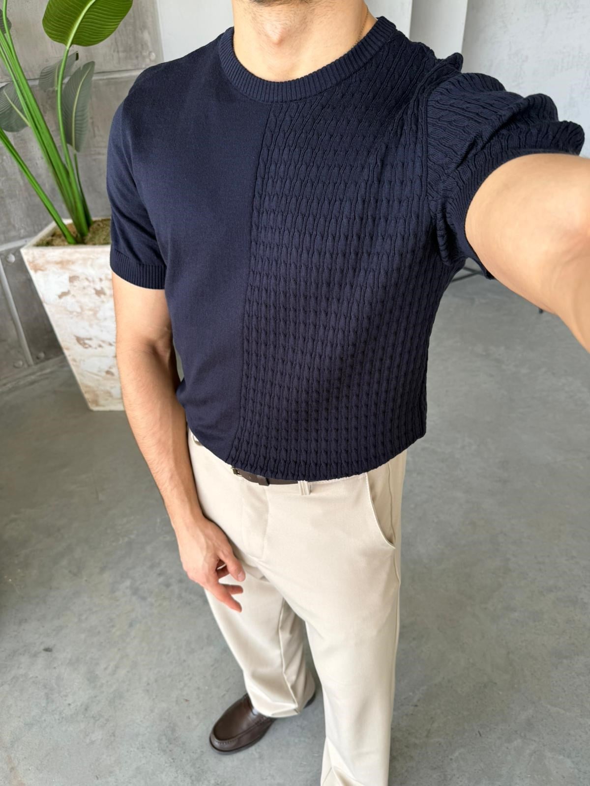 Contrast Knit T – Navy Blue |TST.020