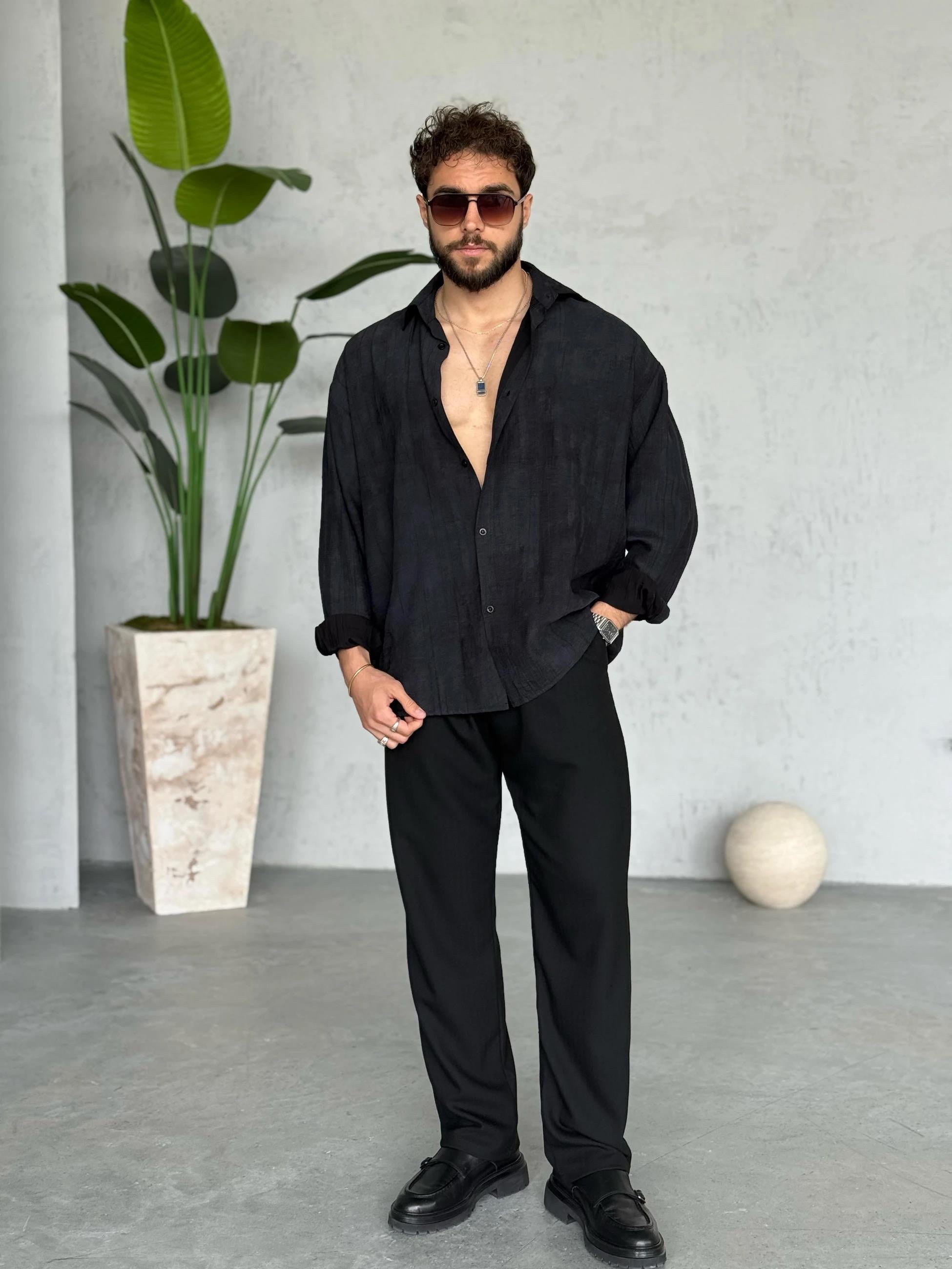 Patterned Modal  Shirt – Black | GML.017
