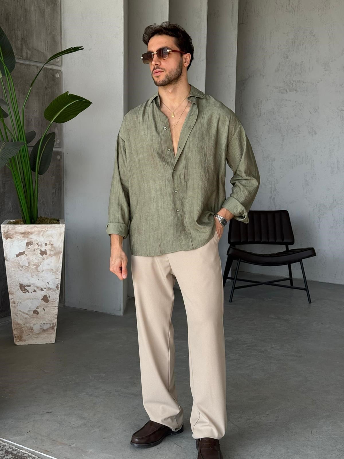 Patterned Modal  Shirt – Khaki | GML.017