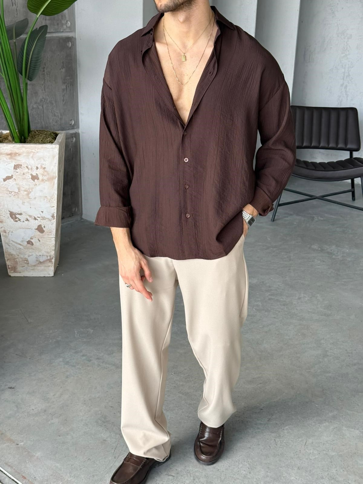 Patterned Modal  Shirt – Brown | GML.017