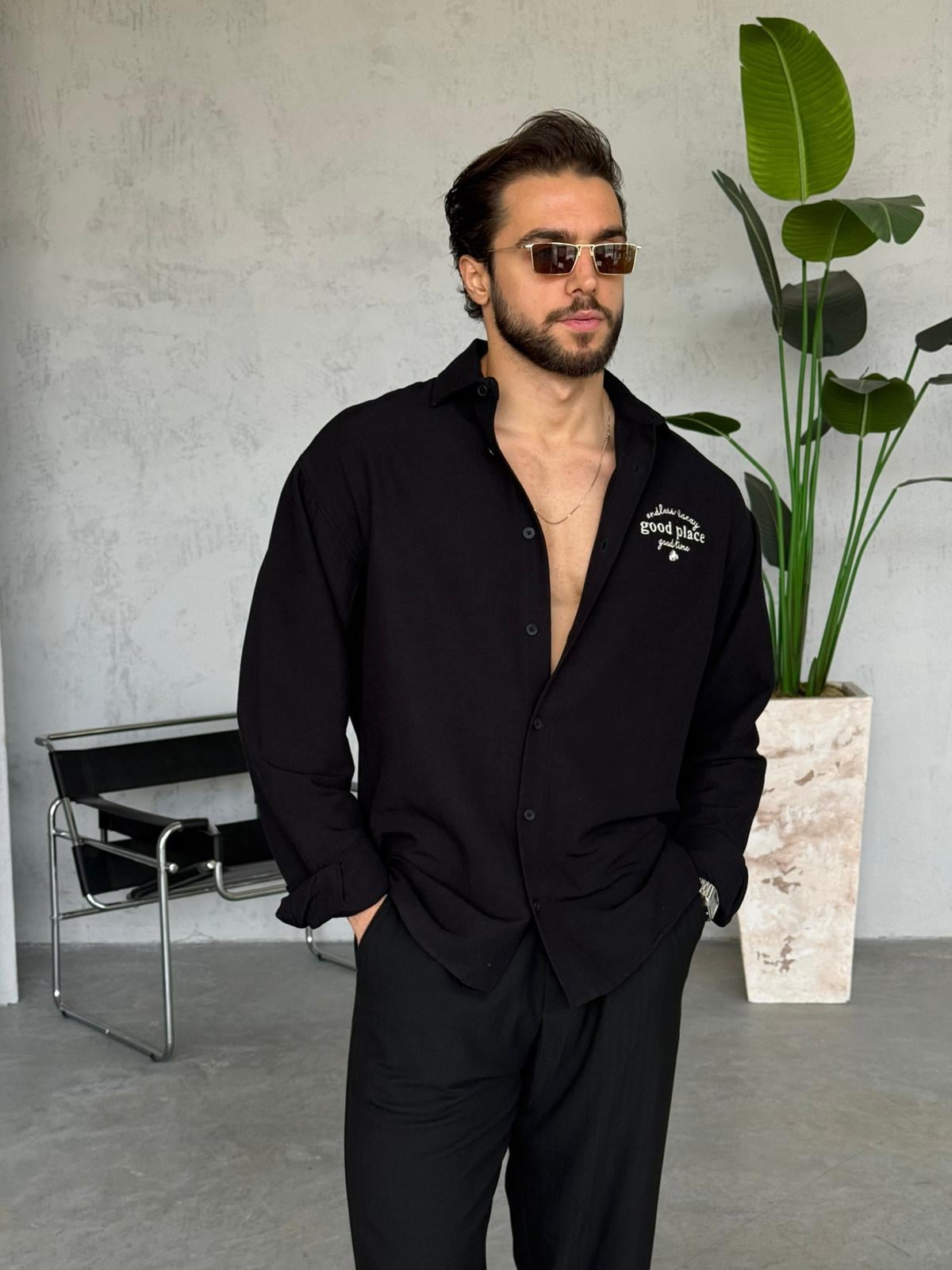 Linen Oversize Shirt - Black | GML.013