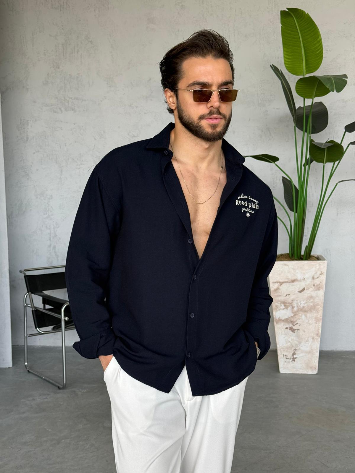 Linen Oversize Shirt - Navy Blue | GML.013
