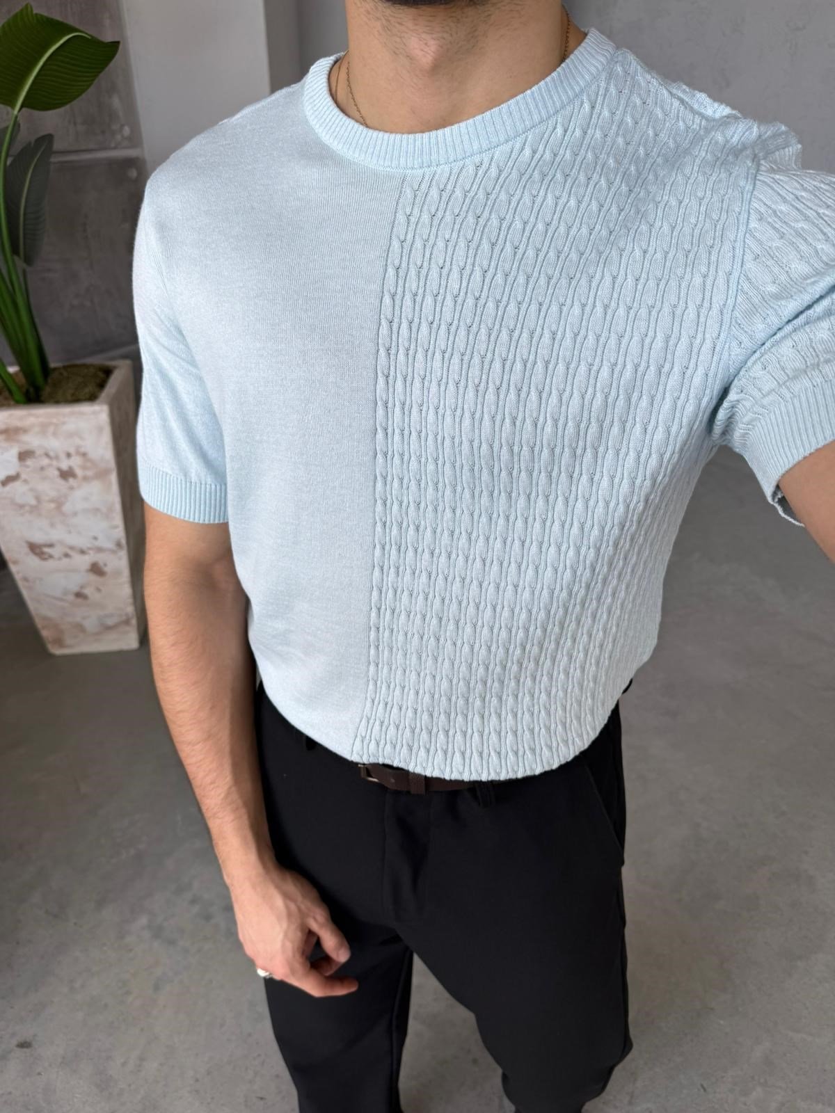 Contrast Knit  T – Baby Blue