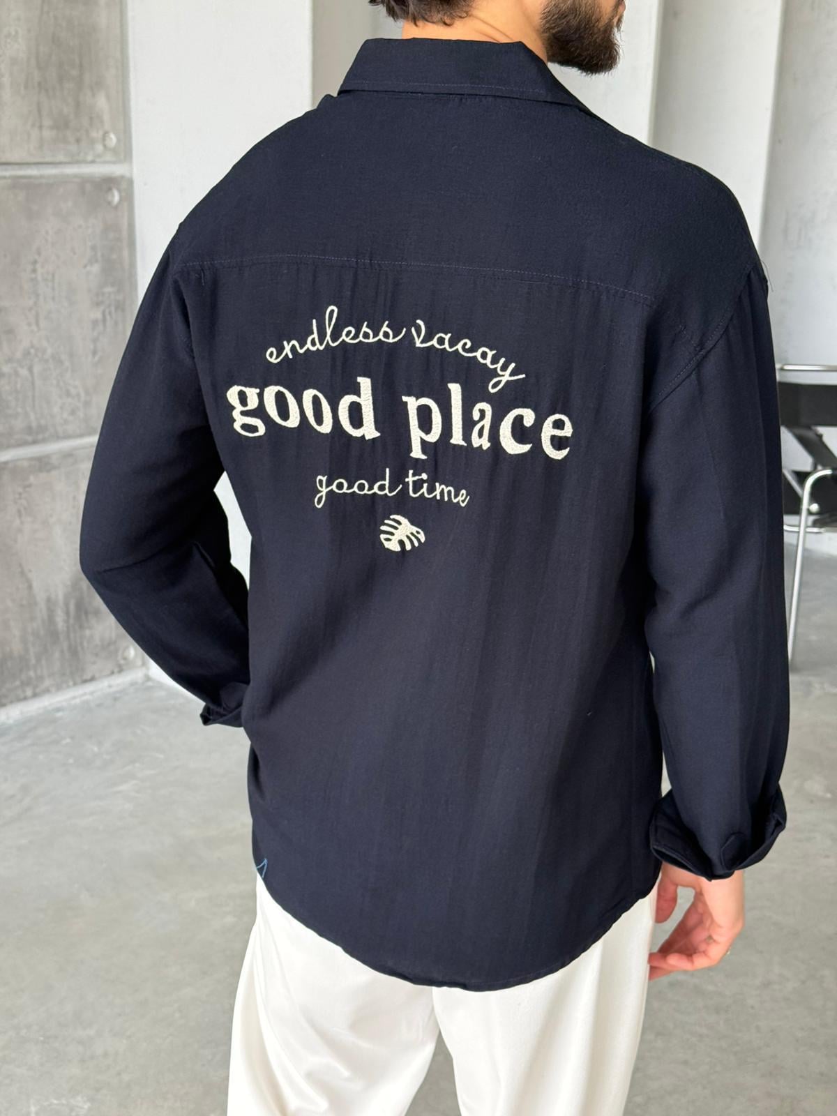 Linen Oversize Shirt - Navy Blue | GML.013