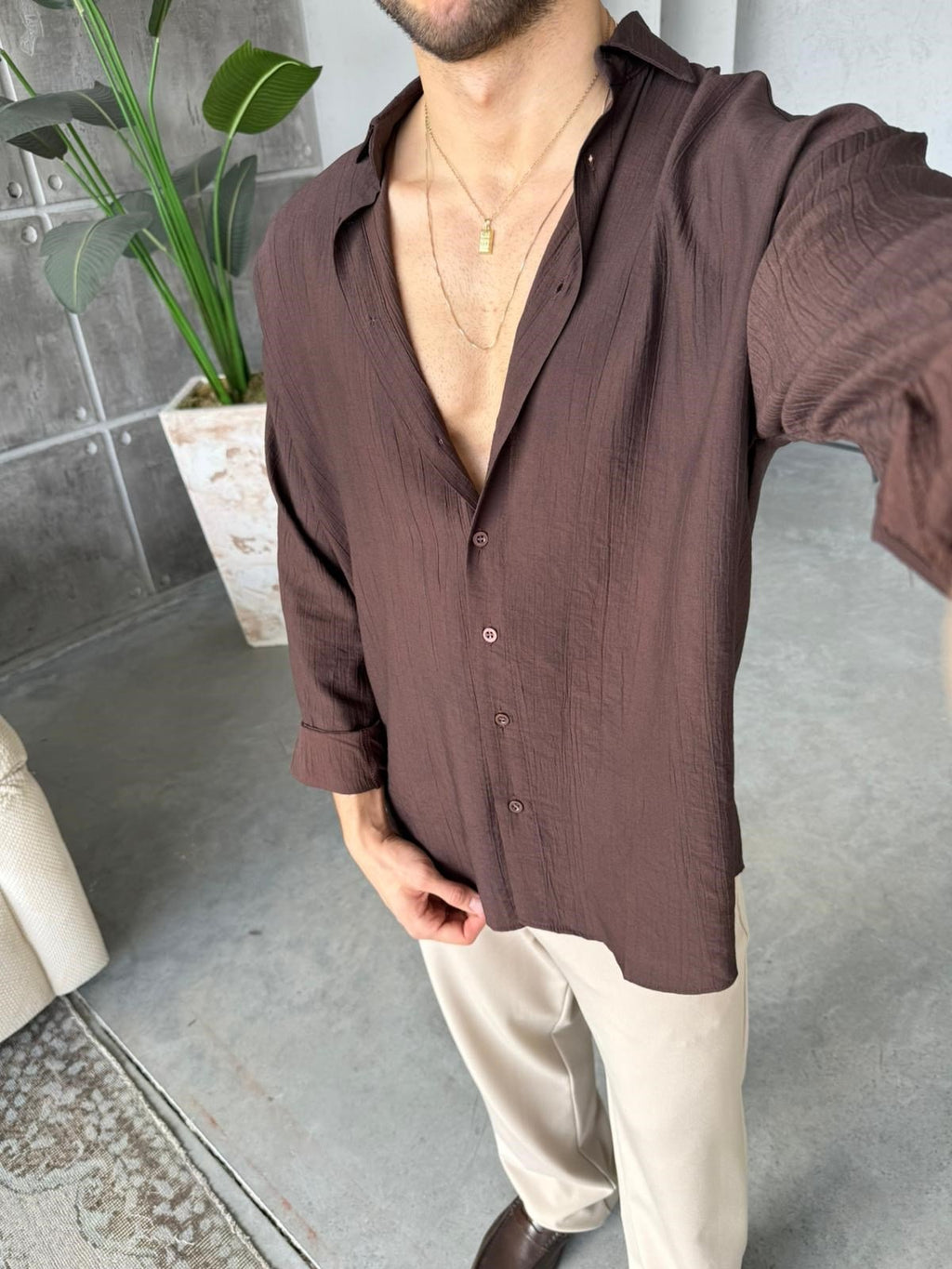 Patterned Modal  Shirt – Brown | GML.017