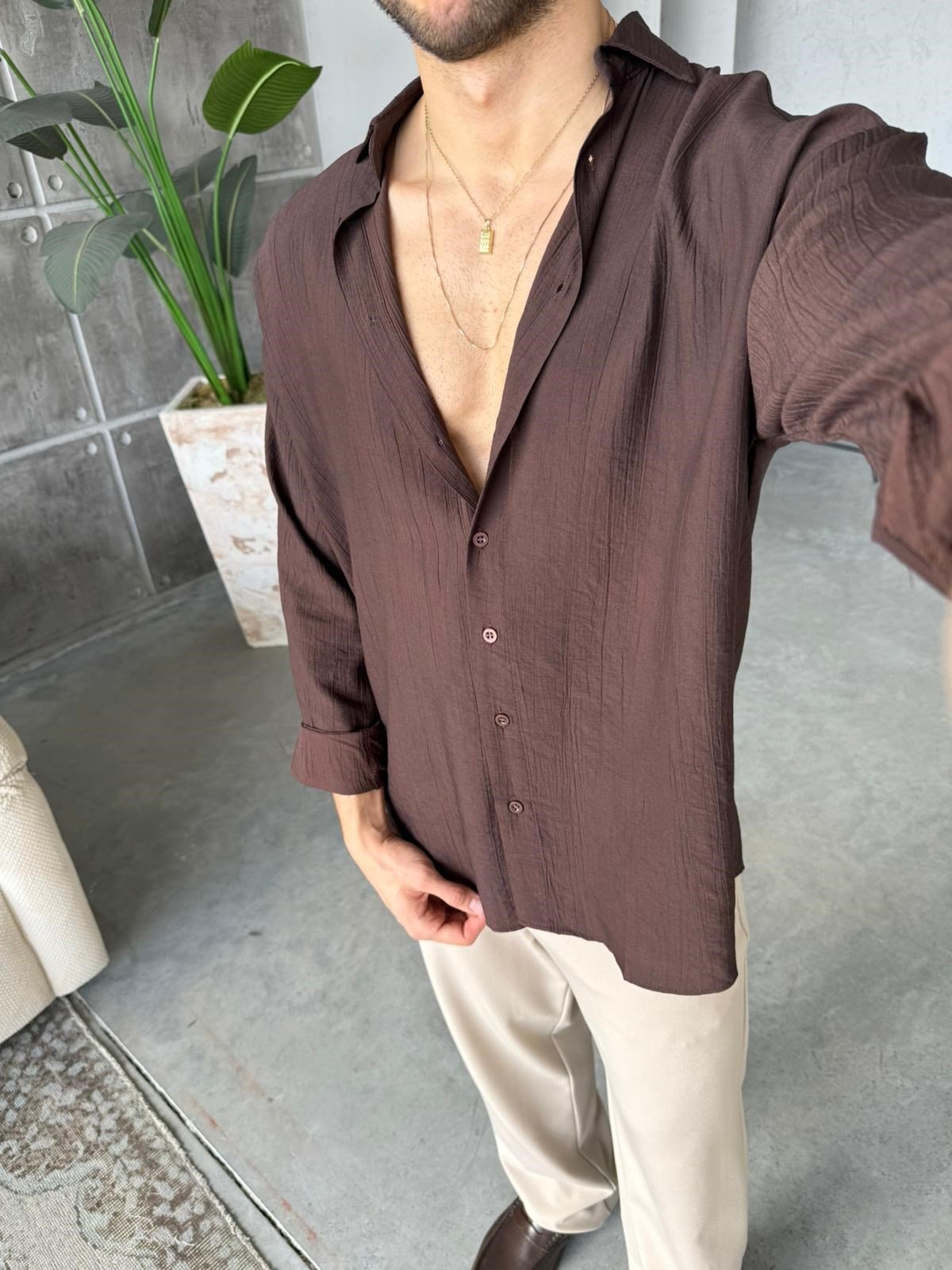 Patterned Modal  Shirt – Brown | GML.017