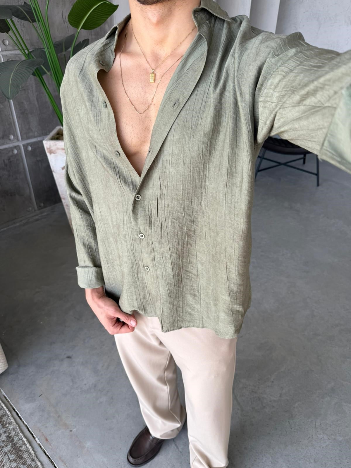 Patterned Modal  Shirt – Khaki | GML.017