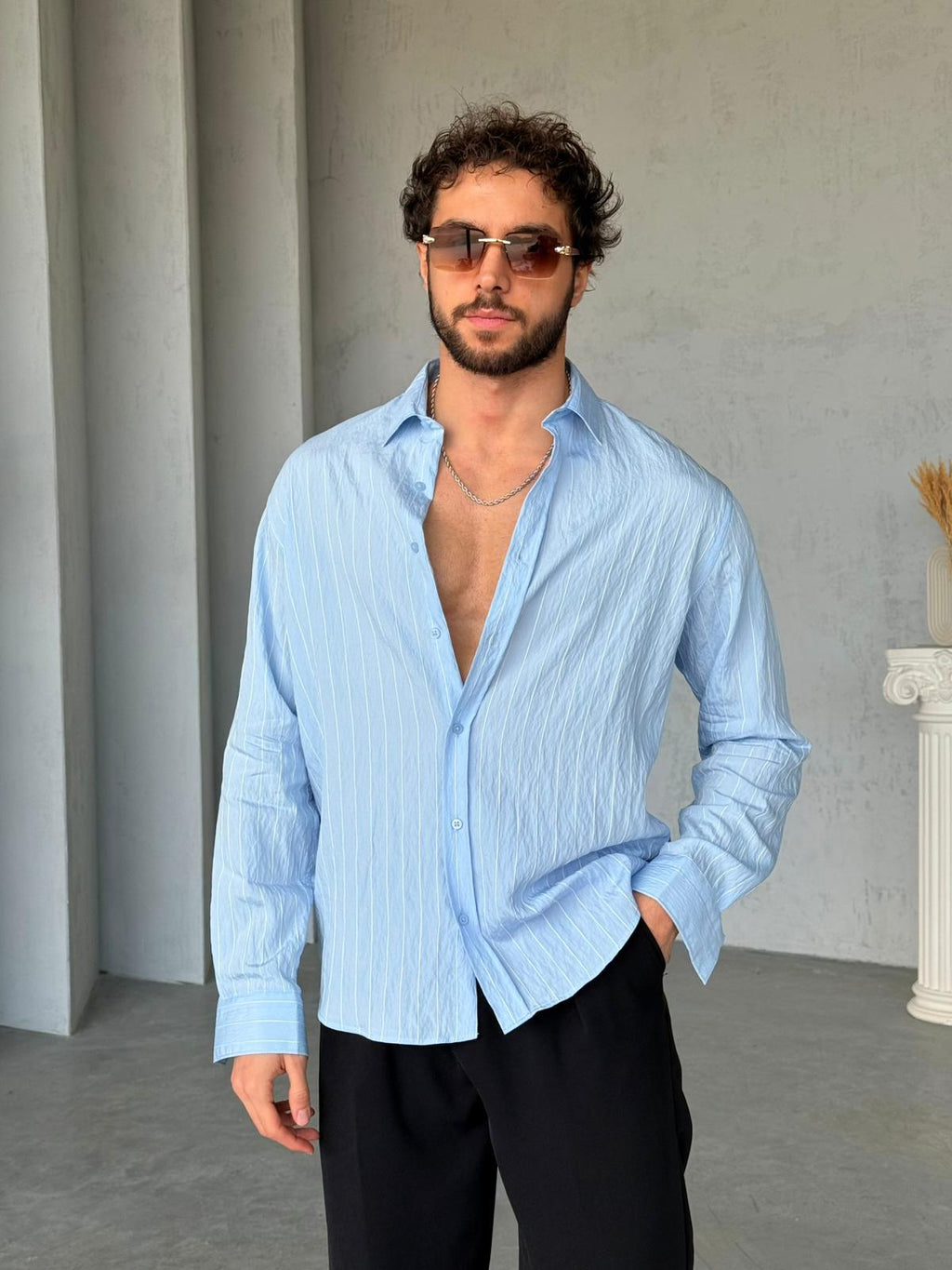 Vertical Striped Shirt - Baby Blue | GML.012
