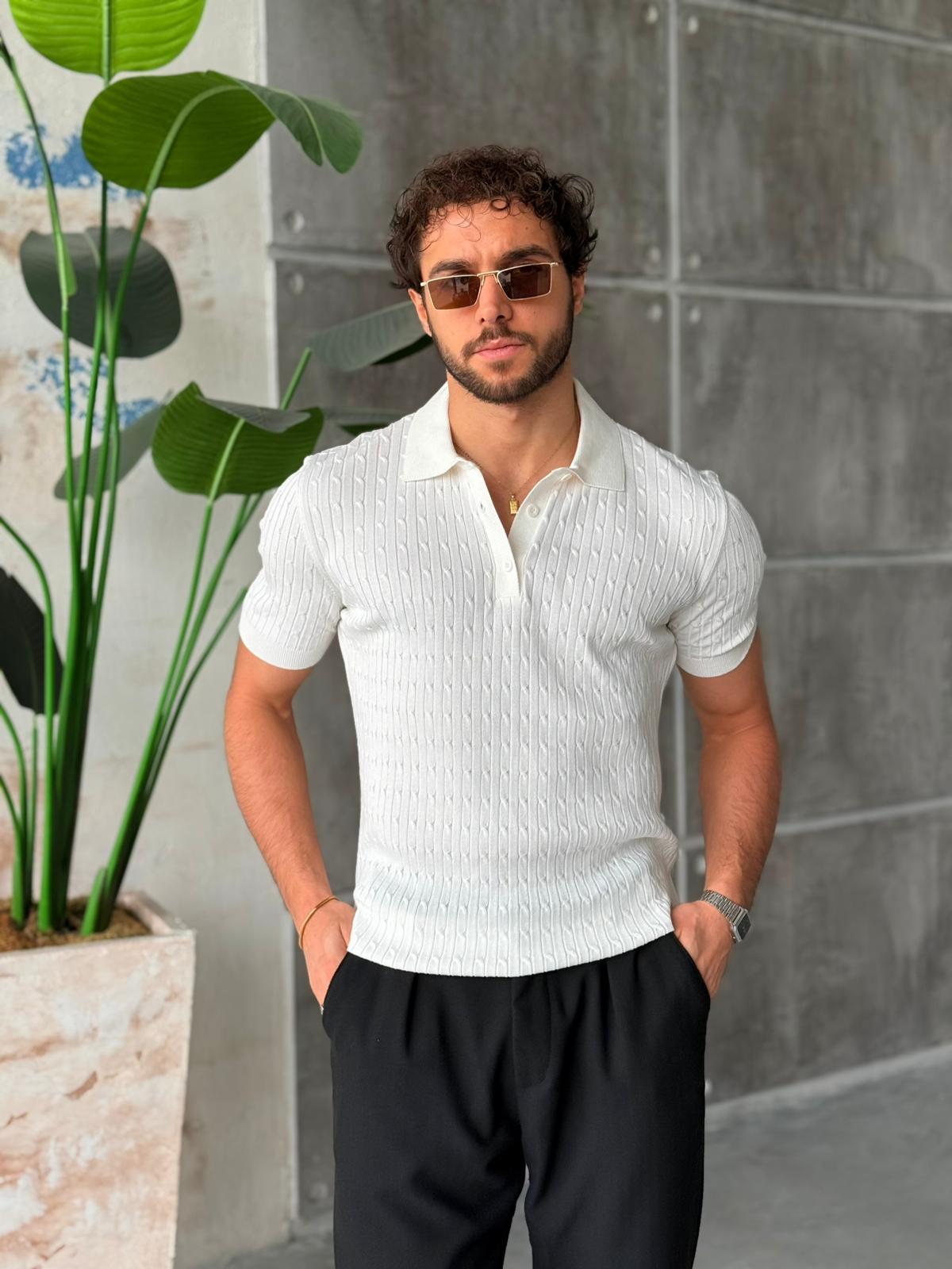 Patterned Polo Knit V – White | TST.017