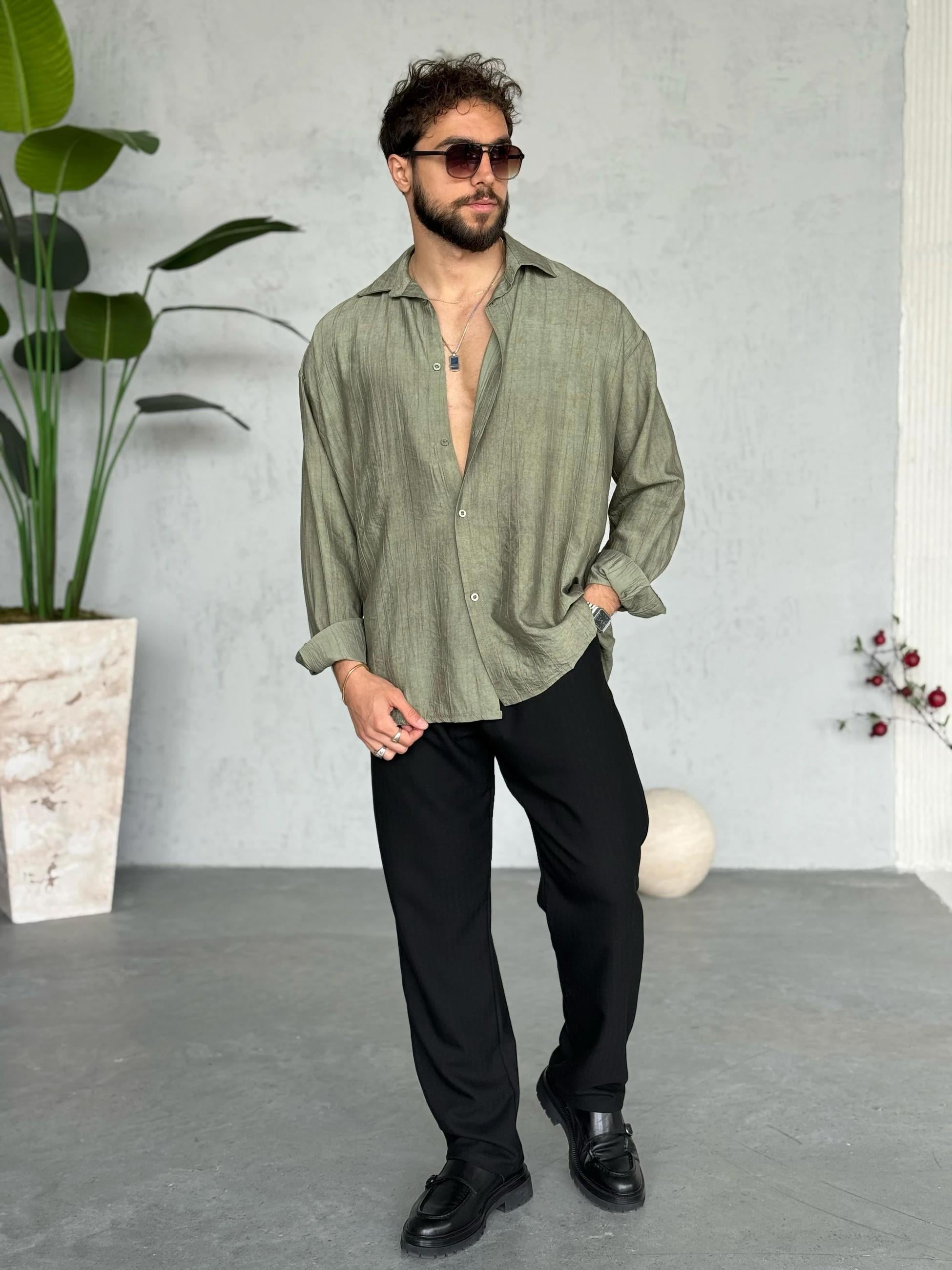Patterned Modal  Shirt – Khaki | GML.017