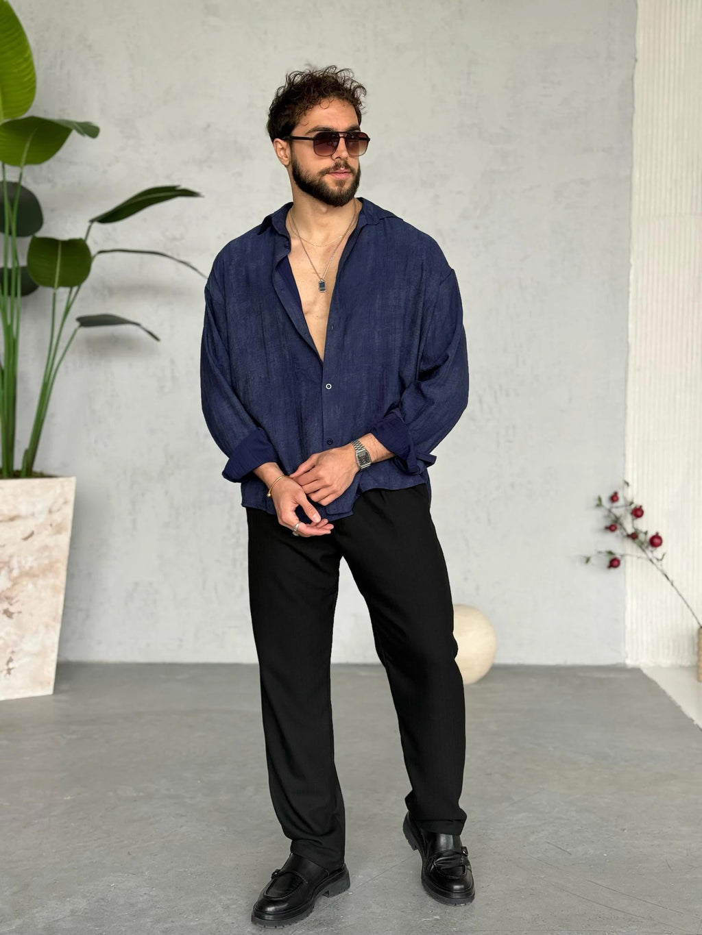 Patterned Modal  Shirt – Navy Blue | GML.017
