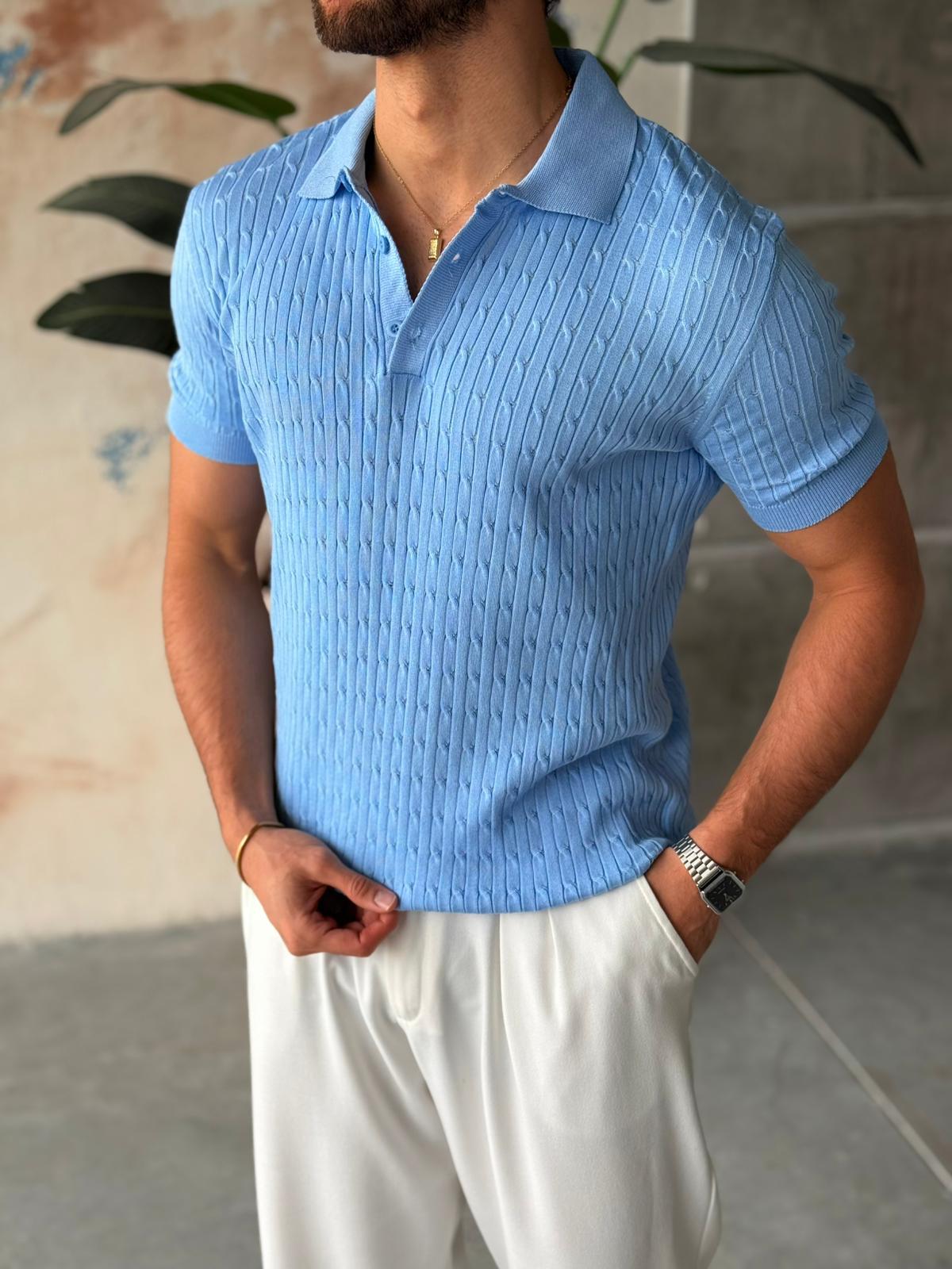 Patterned Polo Knit V – Navy Blue | TST.017