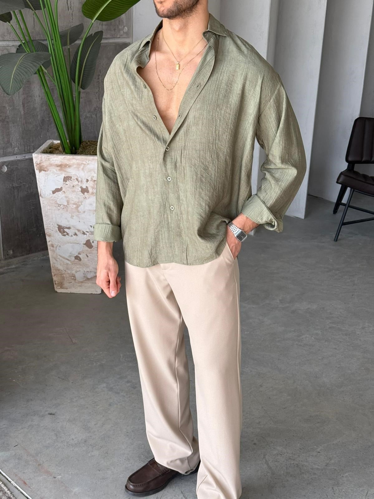 Patterned Modal  Shirt – Khaki | GML.017