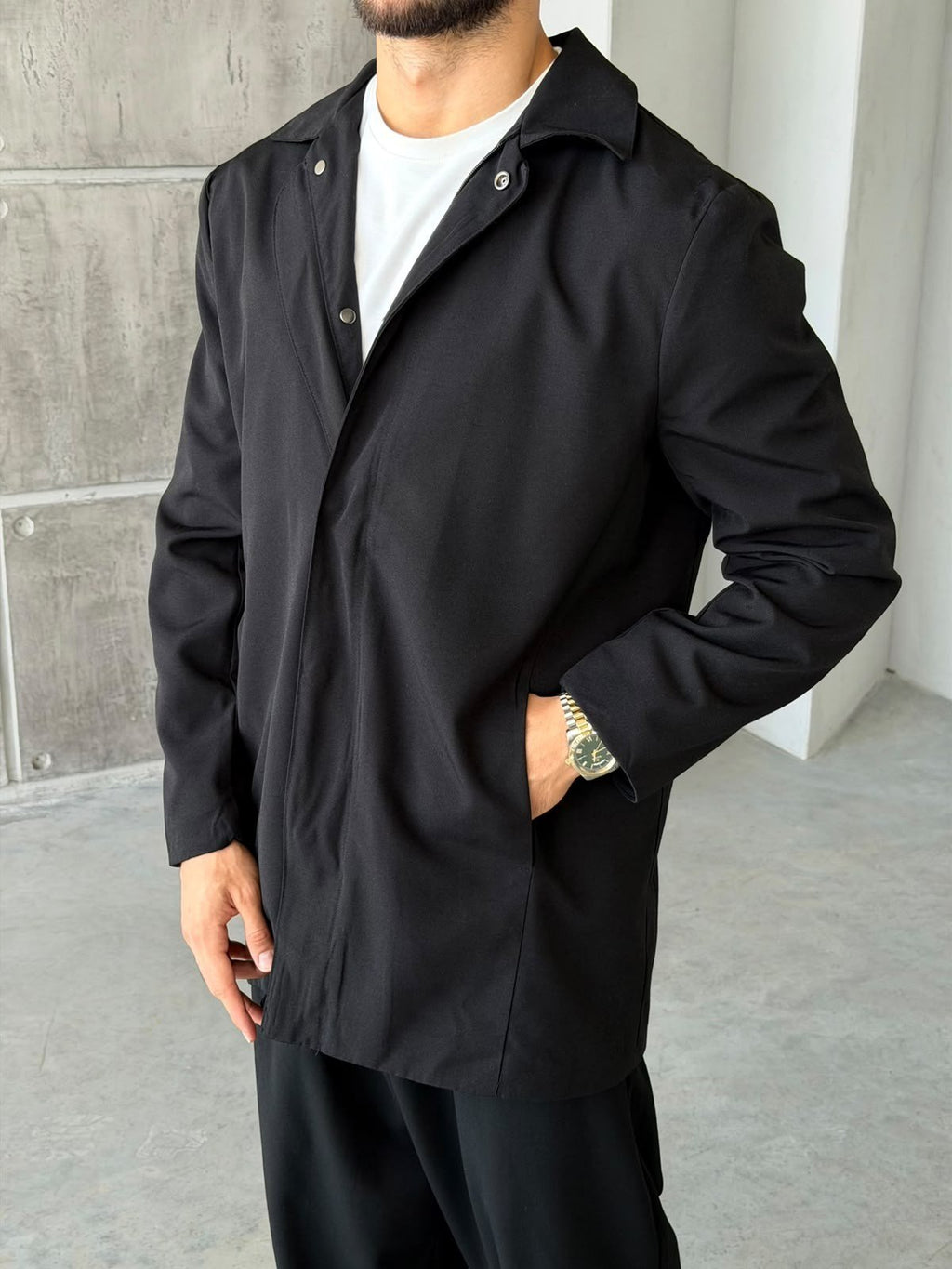 Tech Fabric Trench Jacket – Black