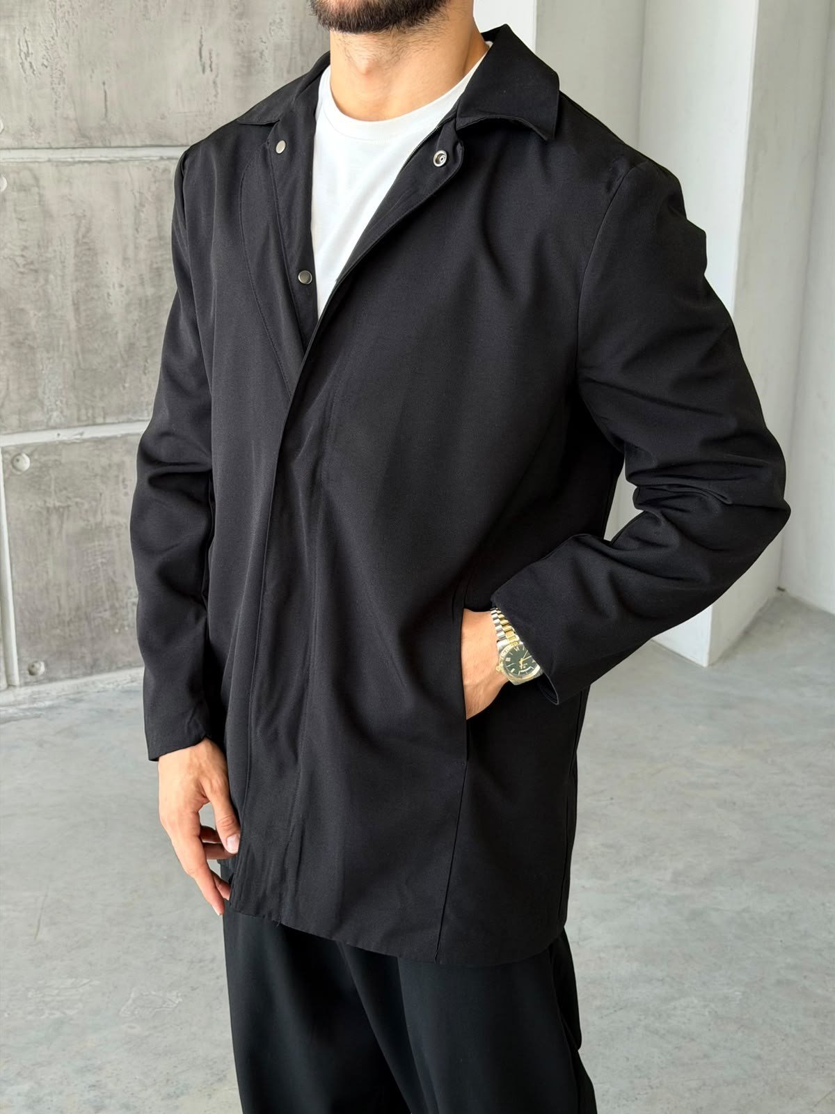 Tech Fabric Trench Jacket – Black