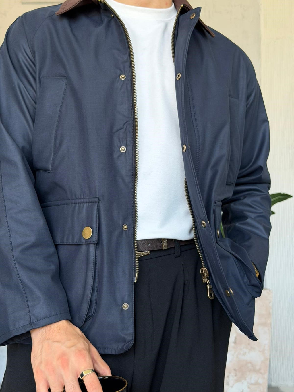 Waxed Snap-Button Pocket Detail Oversiz - Navy Blue