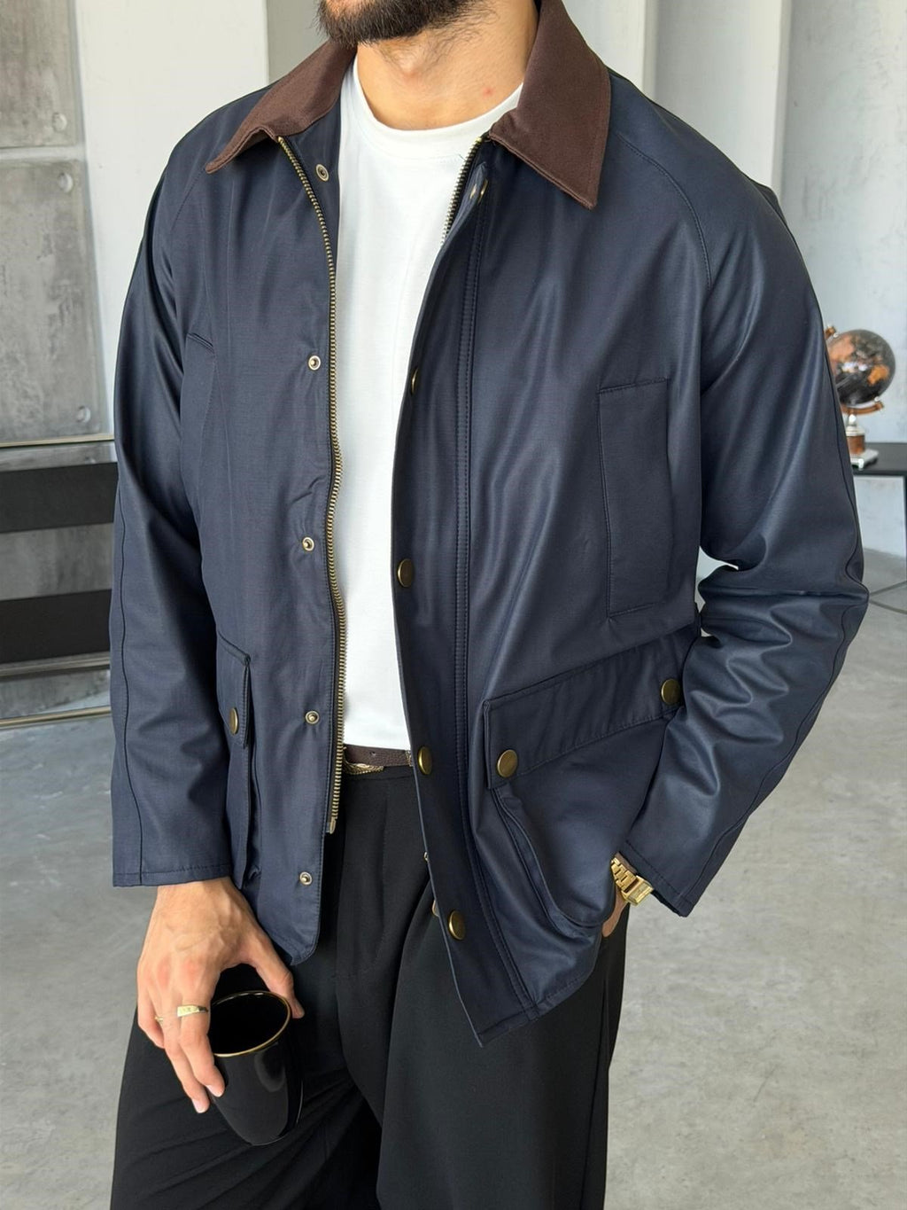 Waxed Snap-Button Pocket Detail Oversiz - Navy Blue