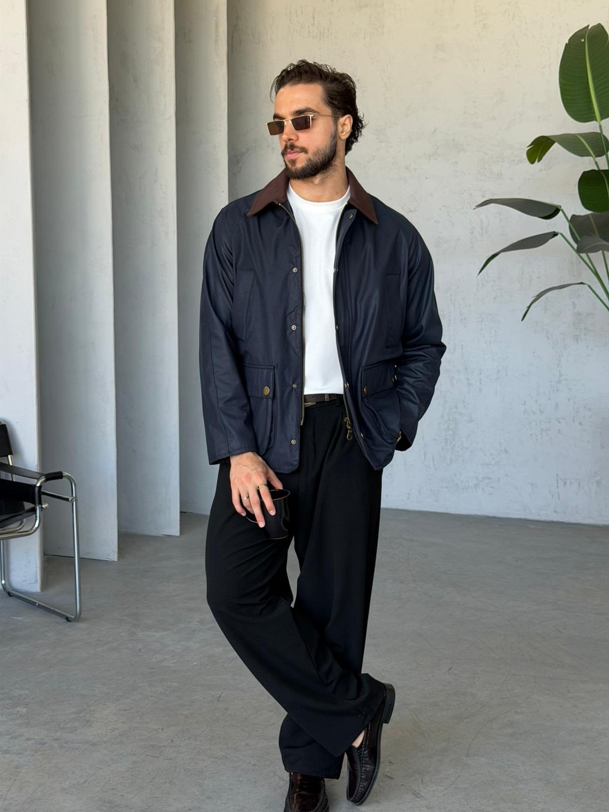 Waxed Snap-Button Pocket Detail Oversiz - Navy Blue