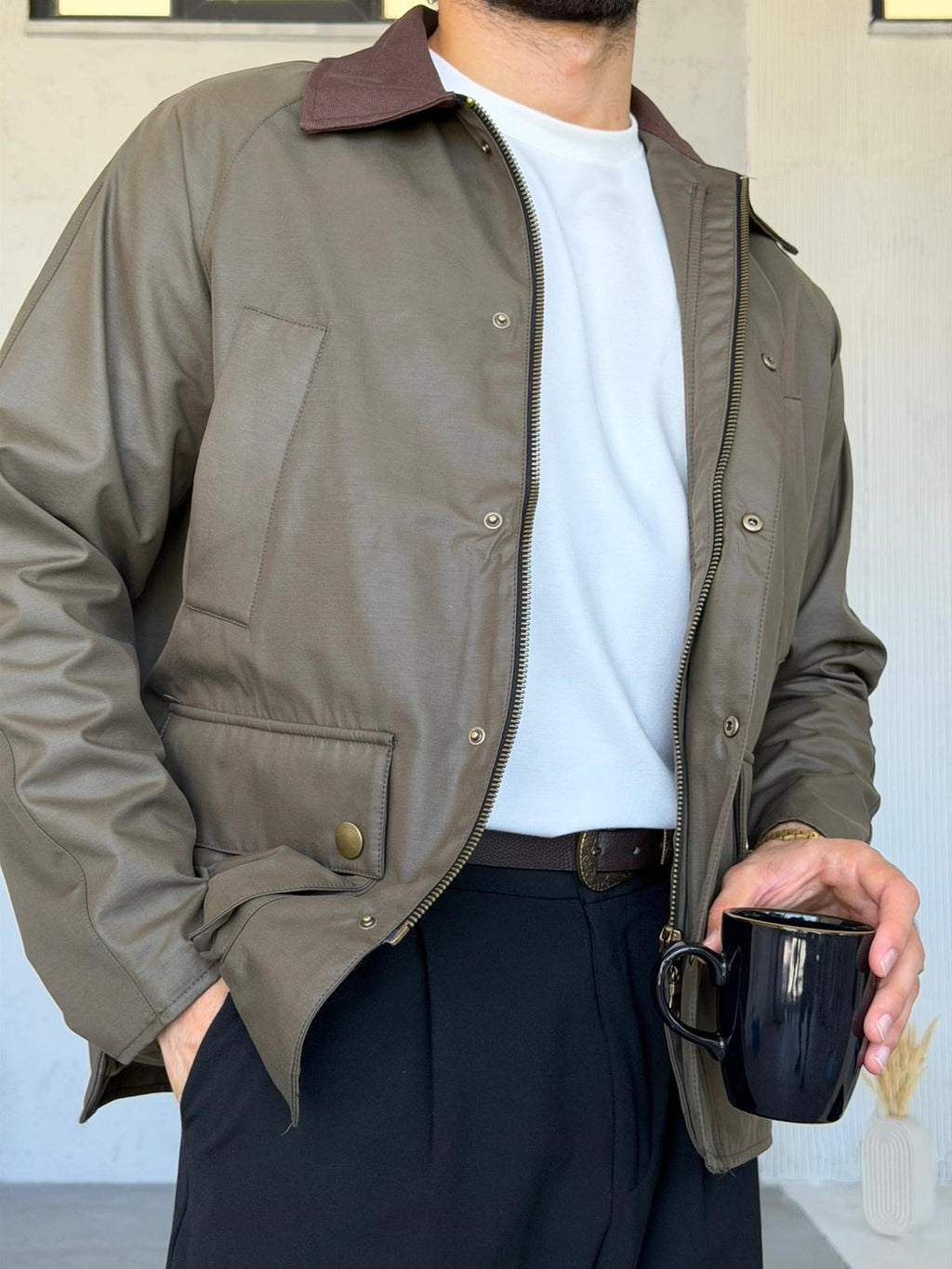 Waxed Snap-Button Pocket Detail Oversiz - Green e Jacket -