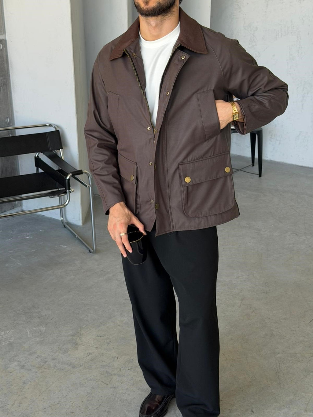 Waxed Snap-Button Pocket Detail Oversiz - Green e Jacket - Brown