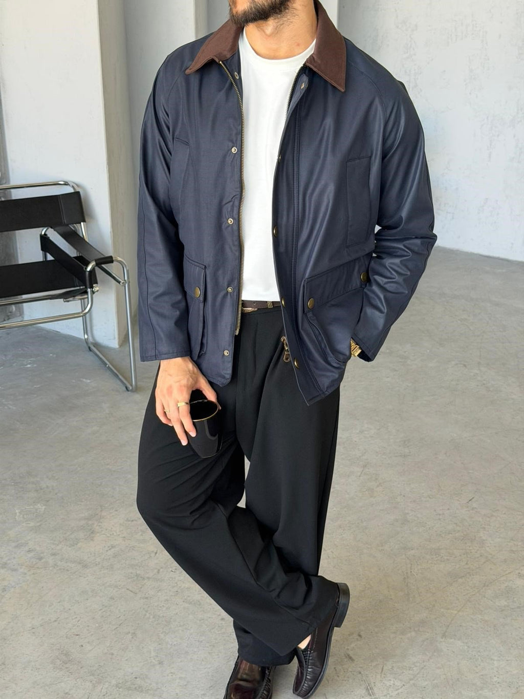 Waxed Snap-Button Pocket Detail Oversiz - Navy Blue
